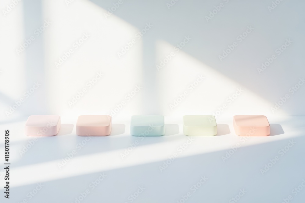 Five pastel-colored square blocks arranged in a row on a white background, illuminated by sunlight. Five pastel-colored square blocks arranged in a row on a white background, illuminated by sunlight.