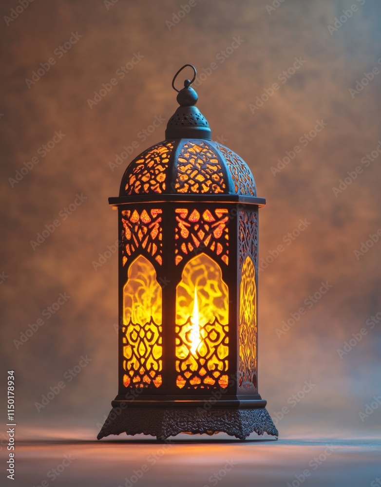 Fototapeta premium Celebration of islamic eid mubarak and eid al adha lantern in a light background, with copy space
