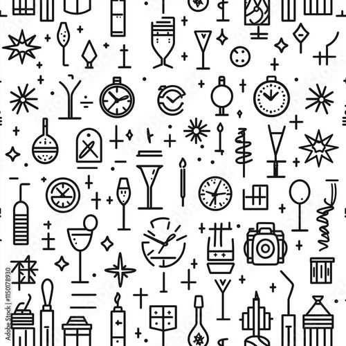 Symmetrical Line Art Vector Pattern of New Year Icons with Interconnected Design and Clean Central Space