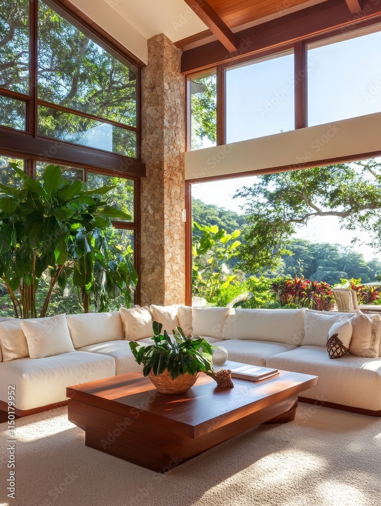 Obraz premium Coastal Living Room Artistic Design View - Serene coastal living room, sunlight streams through large windows, showcasing a stylish sectional sofa, wooden coffee table, and lush greenery, embodying re