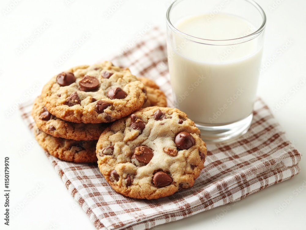 A plate of chocolate chip cookies next to a glass of milk on a checkered napkin.