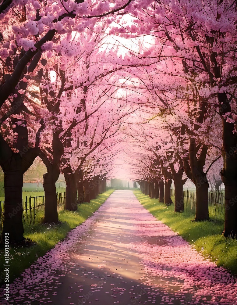 Dreamy Path Lined with Blooming Cherry Blossom Trees in Soft Pink Tones with Scattered Petals Dreamy Path Lined with Blooming Cherry Blossom Trees in Soft Pink Tones with Scattered Petals