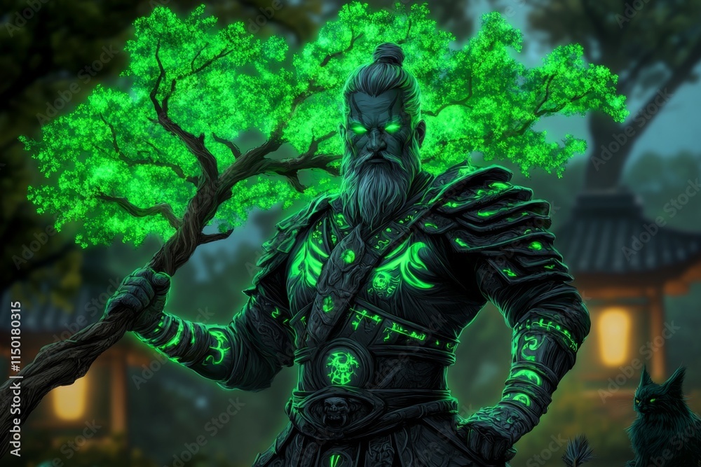 A divine guardian protecting a sacred tree, glowing with an ethereal green light, with mystical creatures surrounding them in awe A divine guardian protecting a sacred tree, glowing with an ethereal green light, with mystical creatures surrounding them in awe