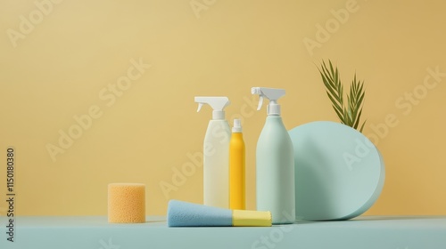 Colorful Cleaning Supplies and Sponges - Bright, pastel cleaning products, sponges, and a tropical leaf symbolize freshness, cleanliness, spring cleaning, and home organization.  A minimalist and mode photo