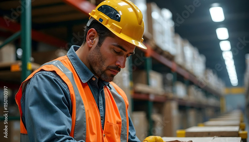 warehouse worker wearing reflective safety gear, carefully inspecting materials before placing them onto a conveyor belt v2