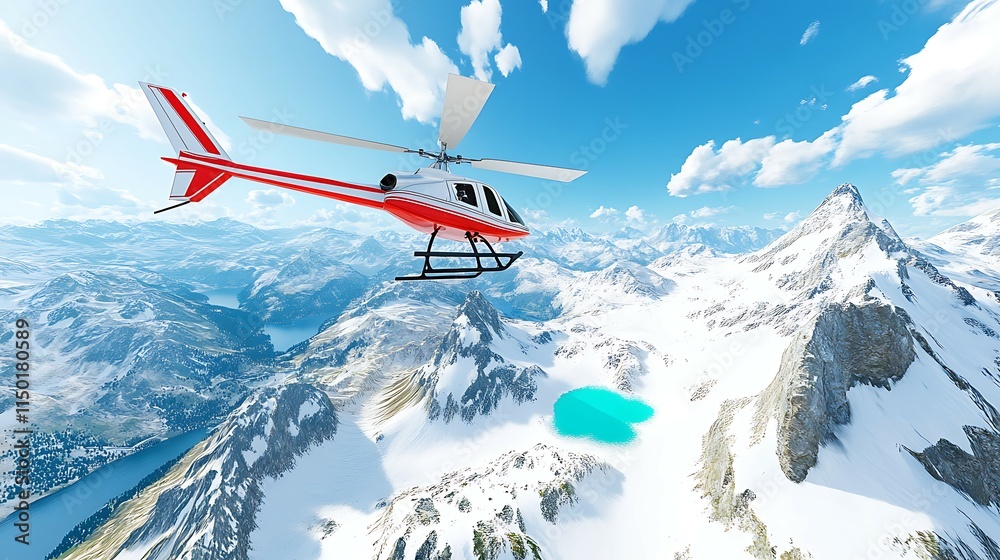 Fototapeta premium Red and White Helicopter Flying Over Snowy Mountains