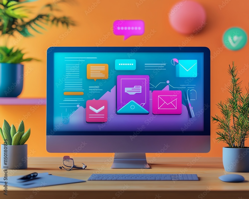 Marketing strategy concept with computer and icons for email, content creation, and online promotion, representing digital marketing tools, vibrant details