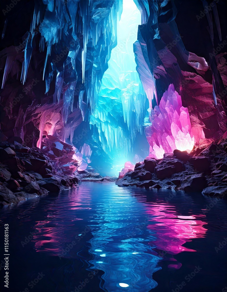 Magical Cave Filled with Glowing Crystals in Blue and Pink Shades with Reflections Magical Cave Filled with Glowing Crystals in Blue and Pink Shades with Reflections
