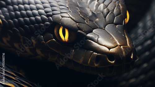 Extreme close-up of a black mamba snakeâ€™s face, showcasing its sharp fangs, smooth, dark scales, and focused yellow eyes, isolated on a neutral beige background, photorealistic  photo