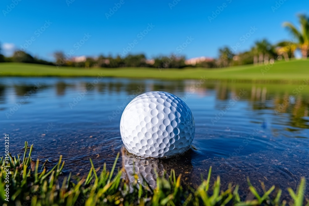 A dynamic photo of a golf ball splashing out of a water hazard as the golfer attempts a tricky recovery shot A dynamic photo of a golf ball splashing out of a water hazard as the golfer attempts a tricky recovery shot