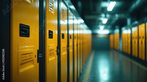 A line of lockers with bright yellow doors in a secure hallway, emphasizing organization, security infrastructure, and modern design elements in storage solutions. photo