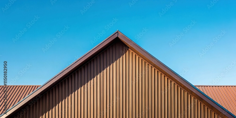 Architectural detail of a gable roof with vertical wood siding against a clear blue sky Architectural detail of a gable roof with vertical wood siding against a clear blue sky