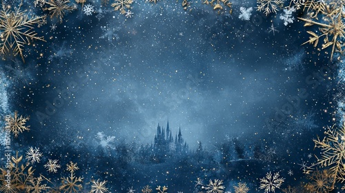 Elegant Christmas Frame with Blue and Gold Border Featuring Snowflakes Against a Soft Winter Background for Holiday Celebrations