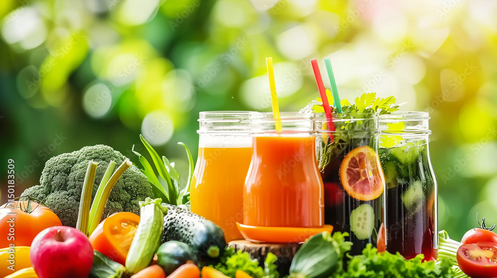 Fresh Vegetable Juices Collection on Table with Bokeh Effect. A Variety of Nutritious Drinks and Veggies Displayed. Fresh Vegetable Juices Collection on Table with Bokeh Effect. A Variety of Nutritious Drinks and Veggies Displayed.