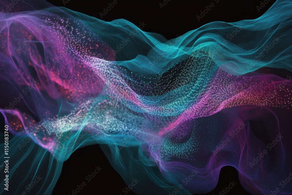 Fototapeta premium Abstract swirling nebula with vibrant teal, purple, and pink hues, shimmering with cosmic dust.