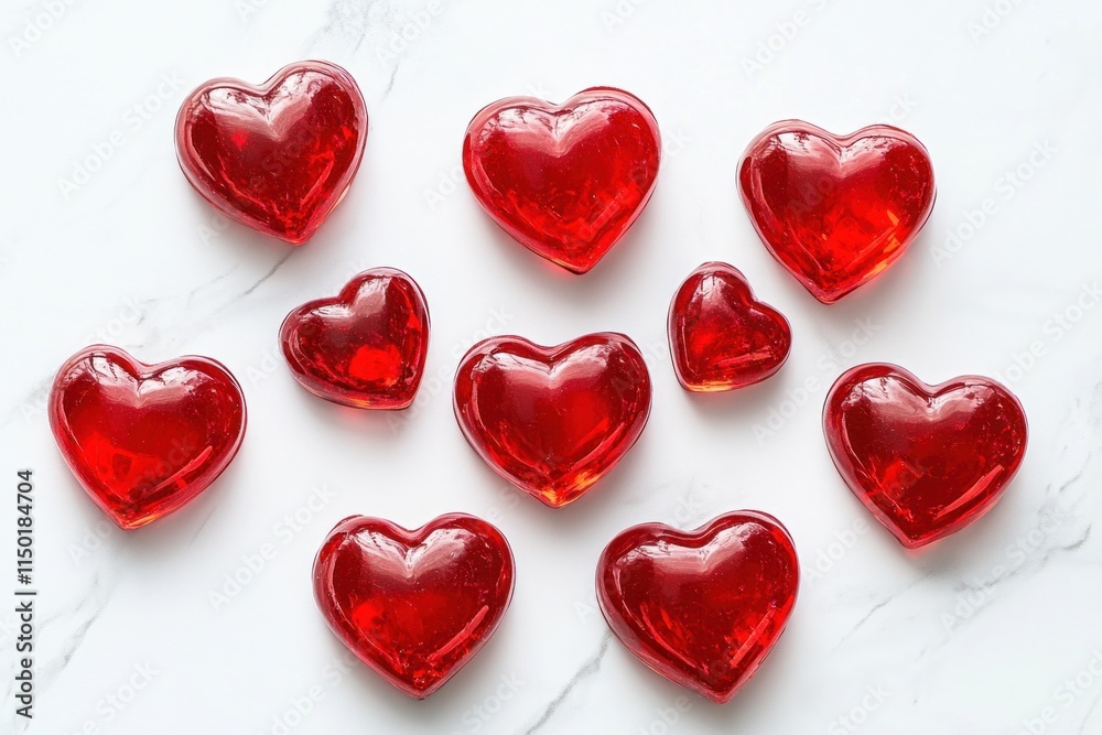 Red glass hearts scattered on white marble.