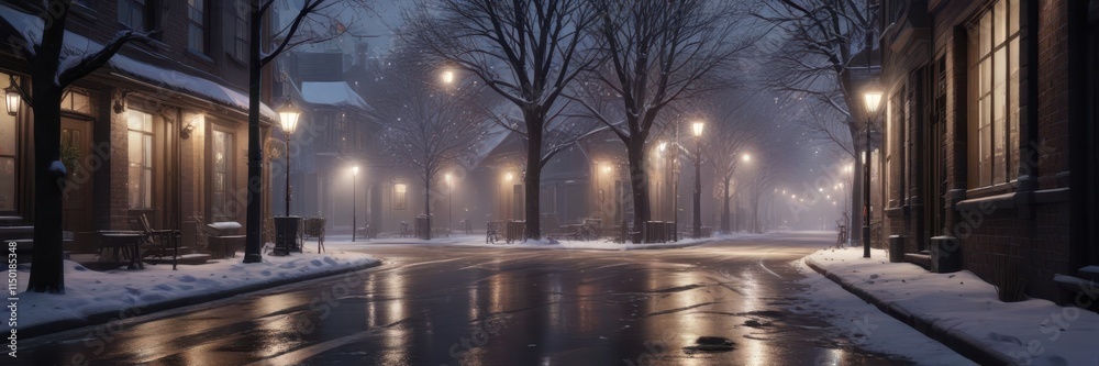 Fototapeta premium Snowflakes gently falling on a quiet street in winter, frozen, deserted