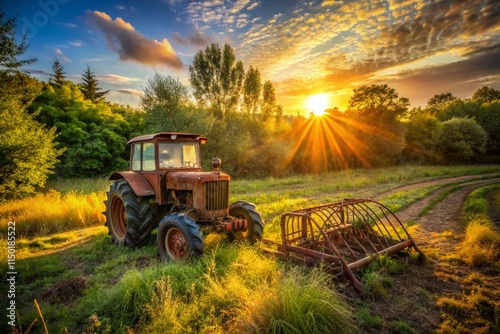 Rustic Tractor & Hayrake in Abandoned Field - Urban Exploration Photography photo