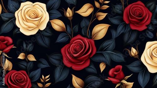 Elegant Rose Floral Pattern - Dark background, red and cream roses, gold leaves, romantic, luxurious, floral design. photo