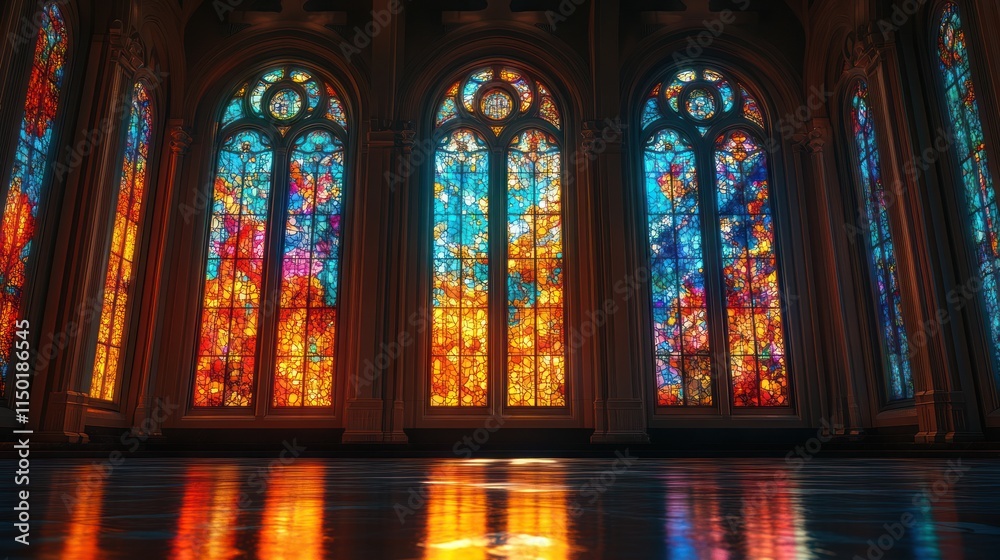 Here's a 10-word description: Reflective floor, vibrant stained-glass windows illuminate Here's a 10-word description: Reflective floor, vibrant stained-glass windows illuminate
