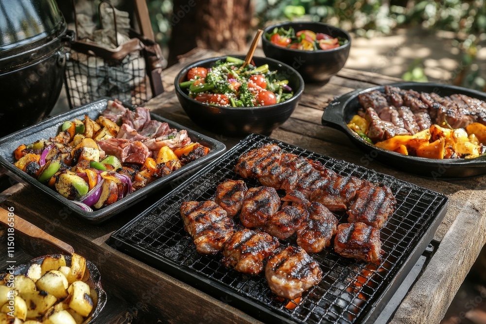 Delicious Grilled Meats and Vegetable BBQ Feast Outdoors Delicious Grilled Meats and Vegetable BBQ Feast Outdoors