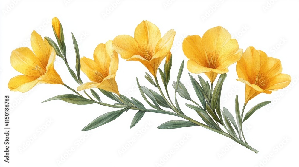Fototapeta premium illustration of a yellow freesia flower isolated on a white background yellow freesia