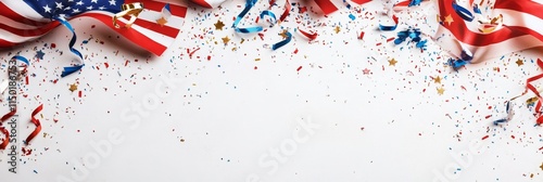 Wallpaper Mural Festive American Celebration Banner - Patriotic confetti, stars, ribbons, and American flags. Symbolizing freedom, unity, celebration, joy, and independence. Torontodigital.ca