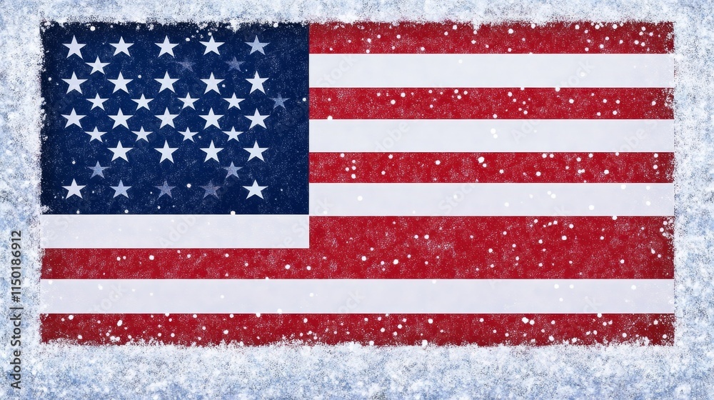 Naklejka premium Festive American Flag Winter Scene - A snowy winter scene featuring an American flag, symbolizing patriotism, winter holidays, national pride, cold weather, and festive cheer.