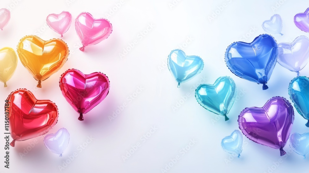Colorful heart-shaped balloons floating against a light background, perfect for celebrations of love and affection, with copy space Colorful heart-shaped balloons floating against a light background, perfect for celebrations of love and affection, with copy space