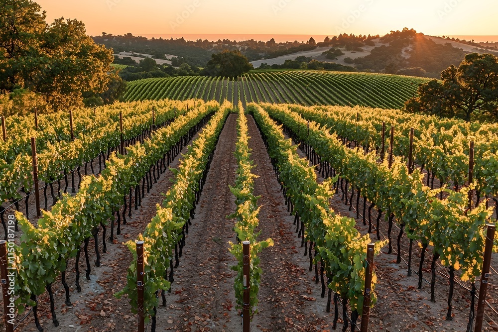 Fototapeta premium A picturesque vineyard at sunset, featuring lush green grapevines stretching into the horizon, bathed in warm golden light. The tranquil landscape offers a serene farm atmosphere.