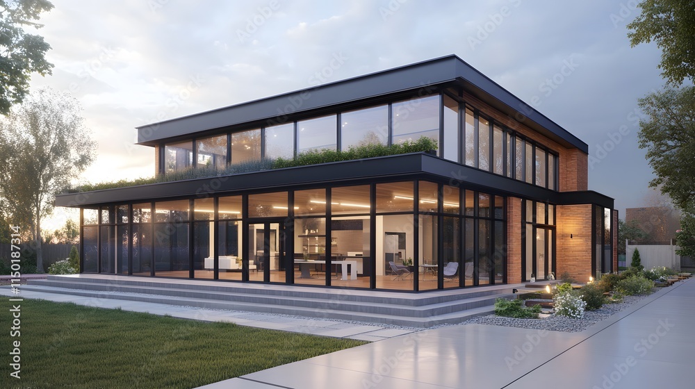 Obraz premium A contemporary energy-saving home with thermal insulation, rooftop garden, and low-energy appliances