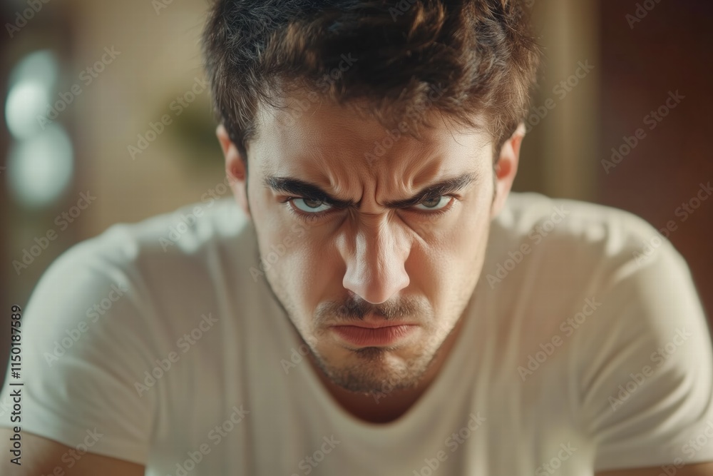 A close-up of a young man with an intense expression, furrowed brows, and a serious demeanor. He is wearing a plain white t-shirt and appears to be focused or frustrated. A close-up of a young man with an intense expression, furrowed brows, and a serious demeanor. He is wearing a plain white t-shirt and appears to be focused or frustrated.