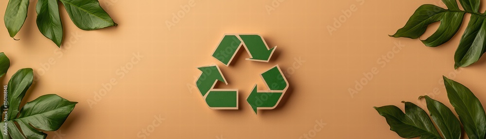 Obraz premium Recycling symbol surrounded by green leaves on a warm background promoting sustainability.
