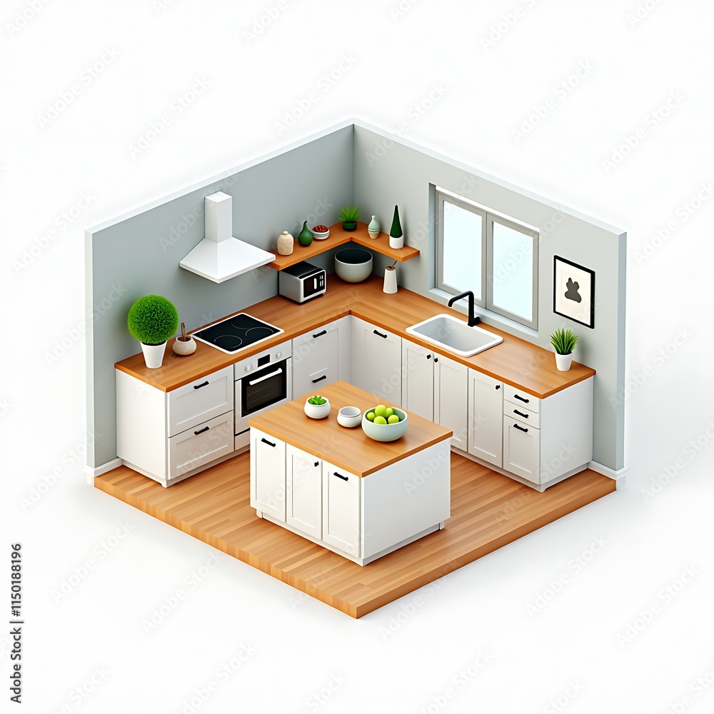 Modern White Kitchen Isometric View Wood Accents Minimalist Design Modern White Kitchen Isometric View Wood Accents Minimalist Design