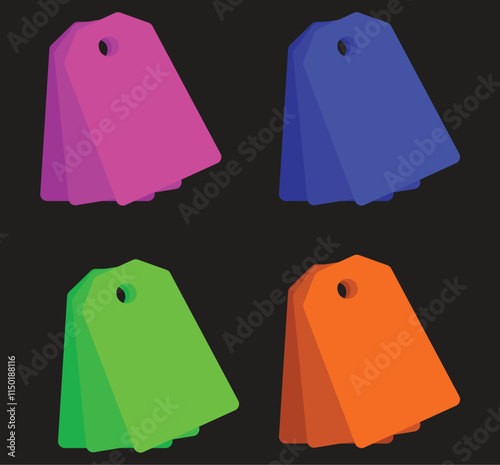 Four stacks of colorful blank sale tags on black background