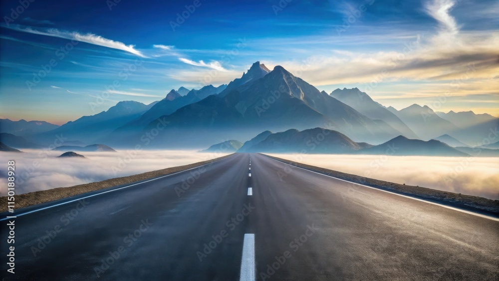 Asphalt Road Leading to Majestic Mountains Through a Sea of Fog at Sunrise Asphalt Road Leading to Majestic Mountains Through a Sea of Fog at Sunrise