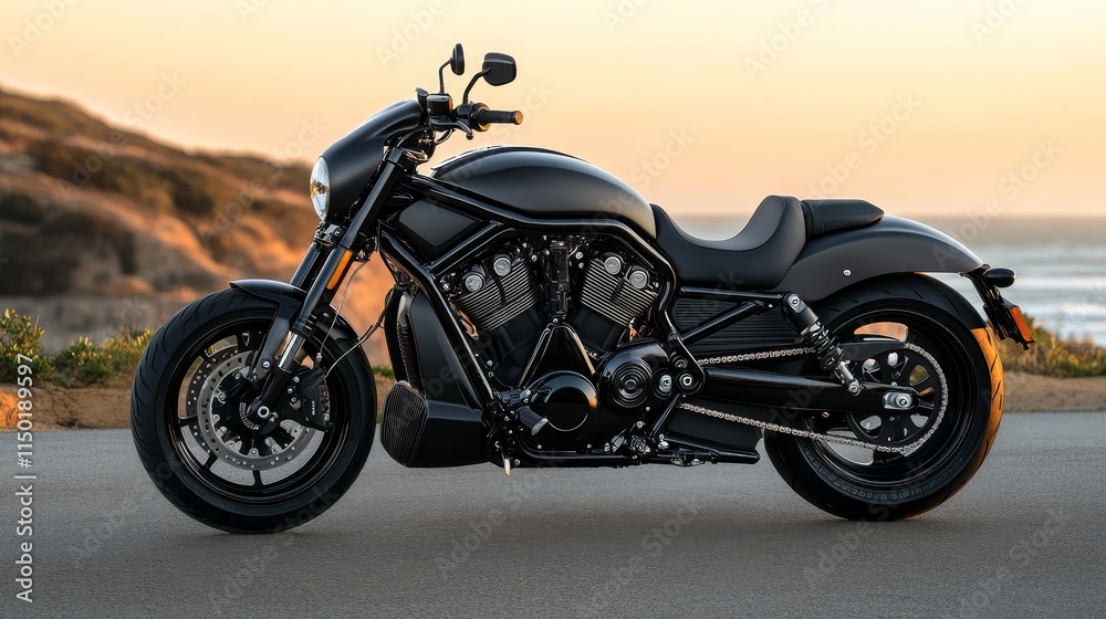 A sleek black motorcycle parked along a scenic coastal road at sunset.