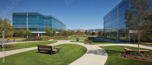 an outdoor corporate office campus with modern glass buildings