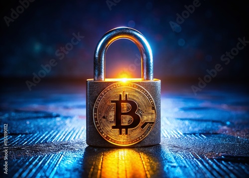 Secure Bitcoin Cryptocurrency: Low-Light Padlock & Digital Currency Safety photo