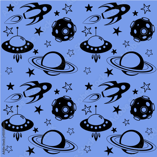 Space seamless vector pattern with rockets, flying saucers, asteroids, stars and saturn. Seamless background with spaceships and planets. Black blue space