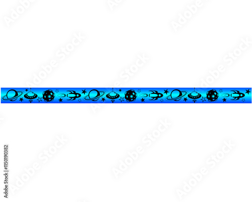 Space seamless vector border with rockets, flying saucers, asteroids, stars and saturn. Seamless divider with spaceships and planets. Black blue space