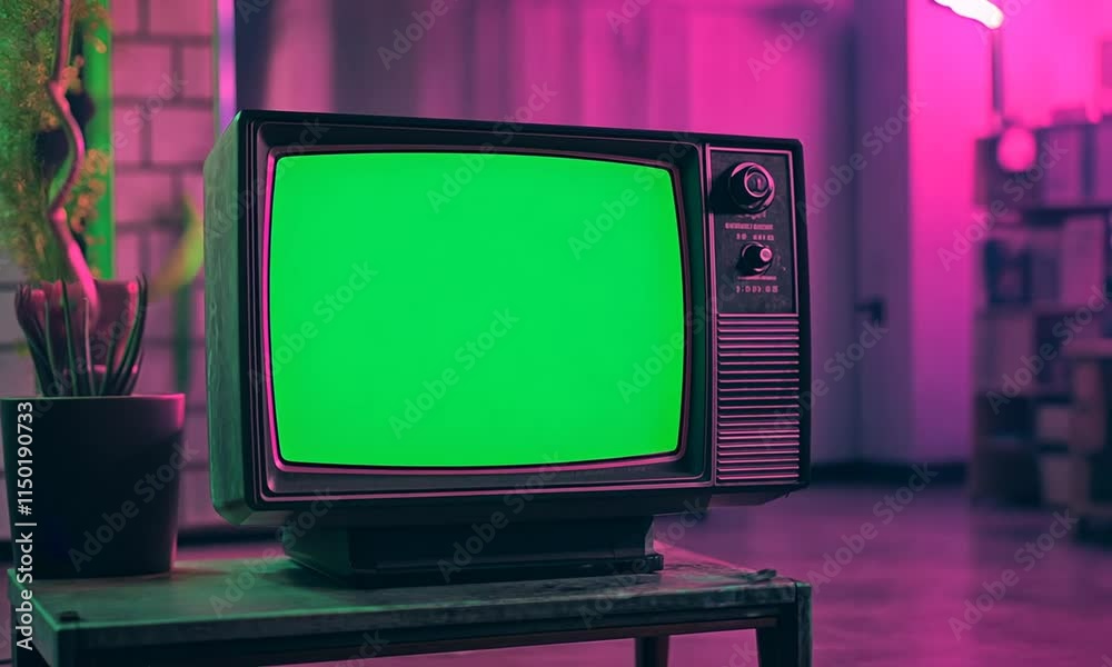 Retro 90s CRT TV with Green Screen for Chroma Key Effects – Vintage Television Static, Analog Display, and Old-School Vibes for Nostalgic Video Editing