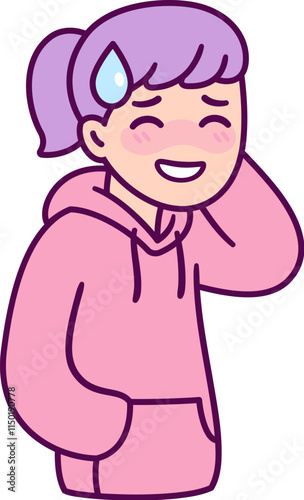 Embarrassed blushing teenage girl with drop of sweat, anime style expression. Cute cartoon shy girl, vector clip art illustration.