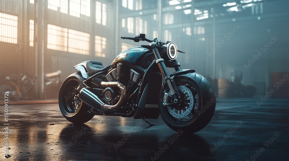 A sleek motorcycle displayed in an industrial setting, showcasing modern design and craftsmanship. A sleek motorcycle displayed in an industrial setting, showcasing modern design and craftsmanship.