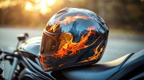 A motorcycle helmet with a fiery design resting on a bike seat during sunset. photo