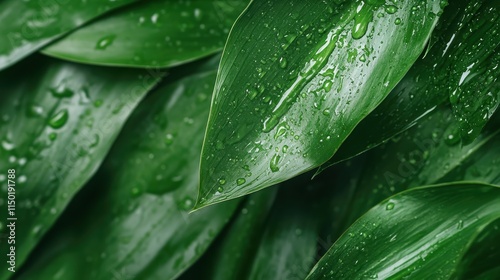 A mesmerizing ensemble of green wet leaves reflecting the pristine purity and tranquil aesthetics of nature, inspiring calmness and rejuvenation in its observer. photo