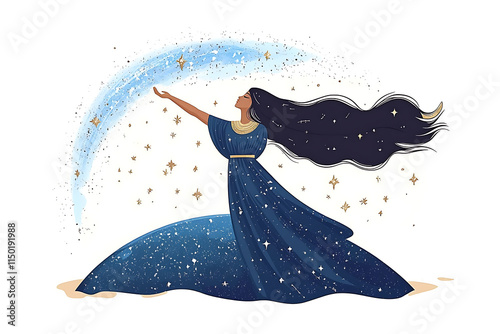 A striking depiction of Nut, the Egyptian goddess of the sky, arched gracefully over the earth. Her star-filled body symbolizes the heavens, painted with constellations and celestial wonders  photo