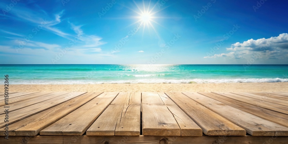 Sunny Beach Vacation Wooden Deck Overlooking Ocean Waves Sunny Beach Vacation Wooden Deck Overlooking Ocean Waves