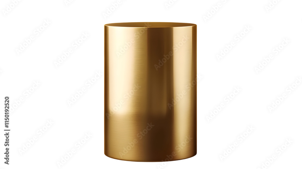 Smooth brushed gold cylinder pedestal with reflective polished texture Isolated on transparent background