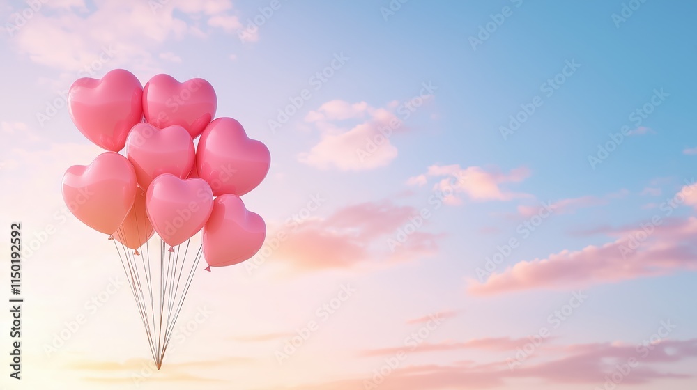 Fototapeta premium Pink Heart Balloons in Evening Sky